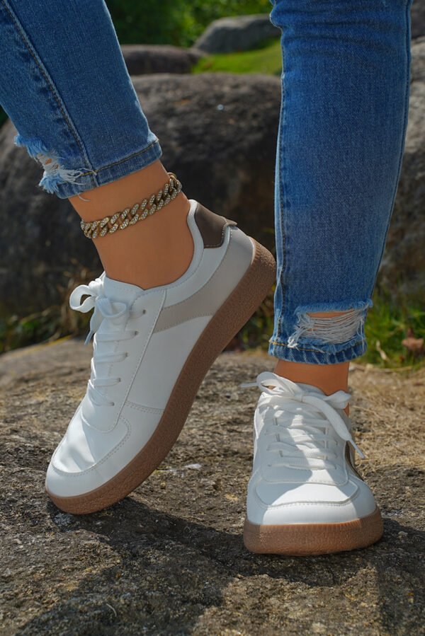 Coffee Color Contrast PU Leather Lace-up Sneakers