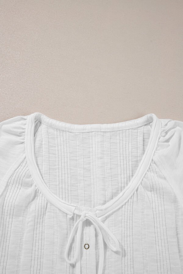 White Snap Button Drawstirng Tie Neck Textured Half Sleeve Shirt