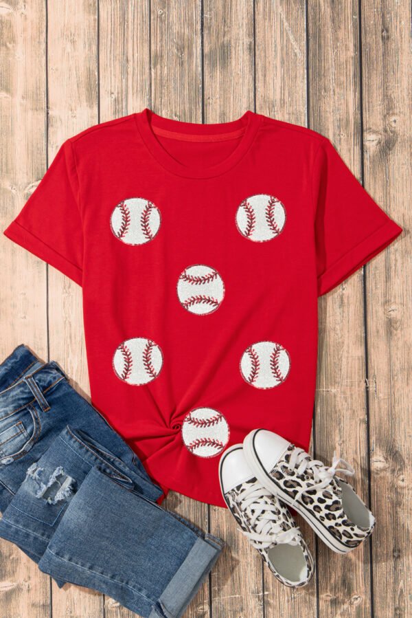 Red Glittering Rugby Pattern Crew Neck Game Day T Shirt