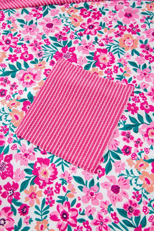 Pink Plus Size Floral Print Corded Patchwork Loose Top