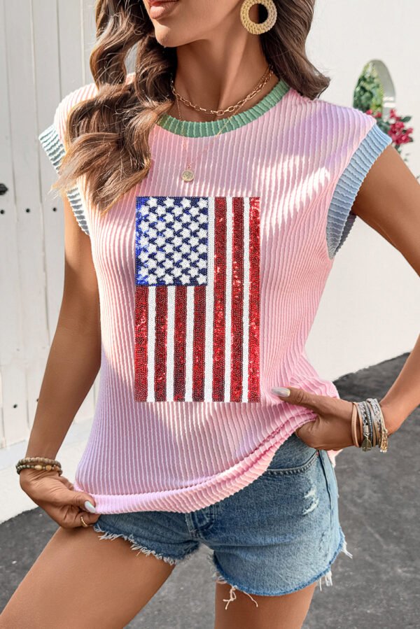 Pink Colorblock Edge Twisted Rib Texture Sequin American Flag Casual T Shirt