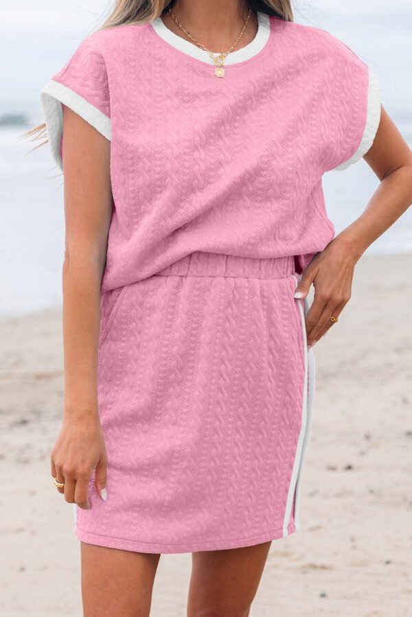 Pink Contrast Trim Textured Crewneck Tee and Pocketed Skirt Set