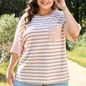 Pink Stripe Waffle Knit Pocketed Half Sleeve Plus Size T Shirt