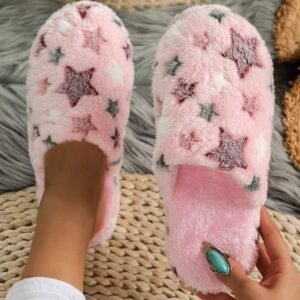 Pink Star Pattern Plush Home Slippers