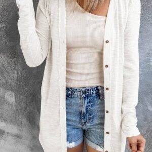 White Solid Color Open-Front Buttons Cardigan