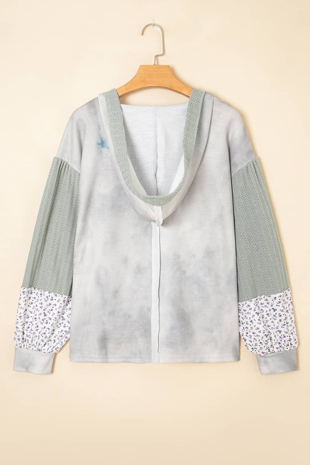 Green Floral Patched Waffle Textured Colorblock V Neck Casual Hooded Top
