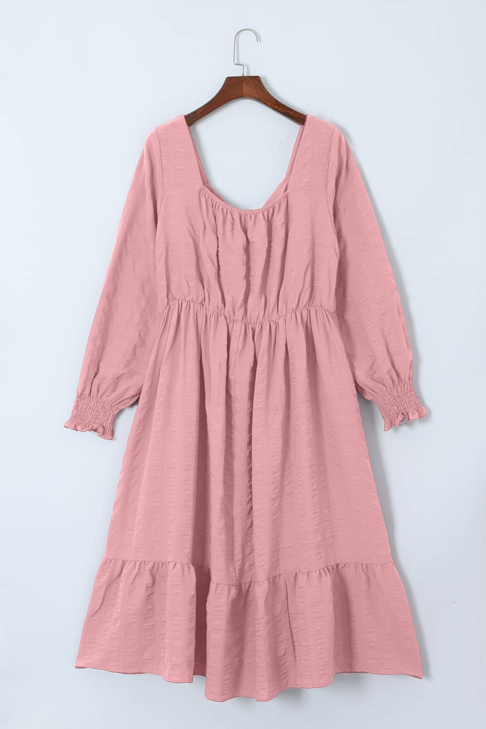 Pink Lace-Up Ruched Front Long Sleeve Ruffle Hem Plus Size Midi Dress