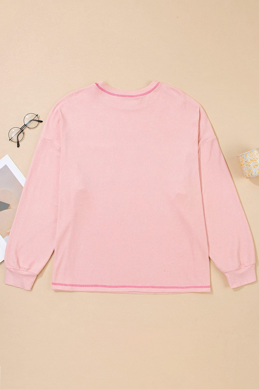 Bonbon Ribbed Exposed Seam Round Neck Chest Pocket Plus Knit Top