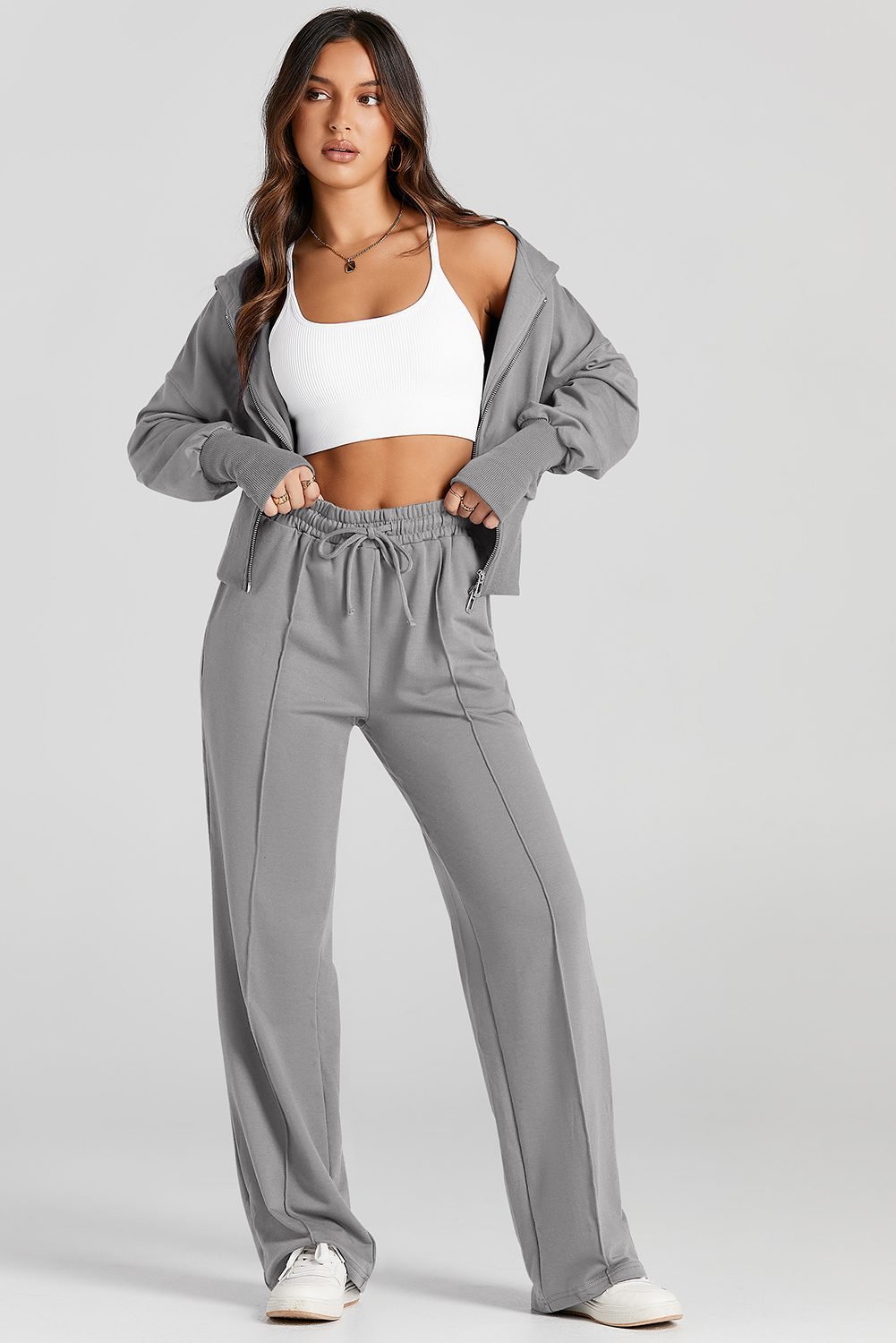 Gray Double Zipper Hooded Jacket And Sweatpants Active Set