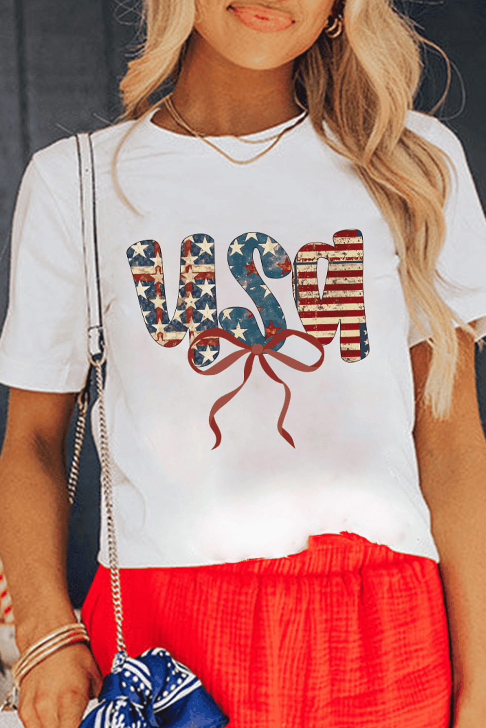 White Usa Bow Letter Graphic Independence Day Fashion Tee