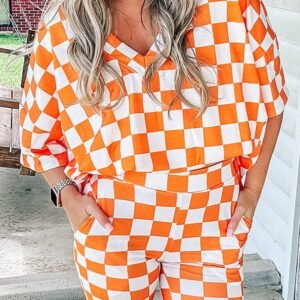Orange Checkerboard Print V Neck Loose Tee And Shorts Lounge Set