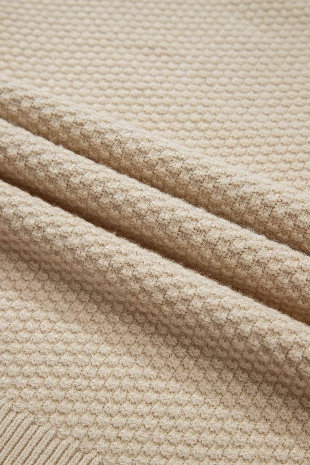 Parchment Solid Textured Knit Split Cuff Drop Shoulder Loose Sweater