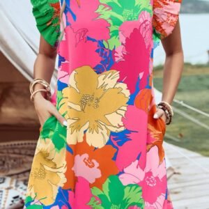 Pink Bold Floral Flutter Sleeve Shift Mini Dress With Pockets