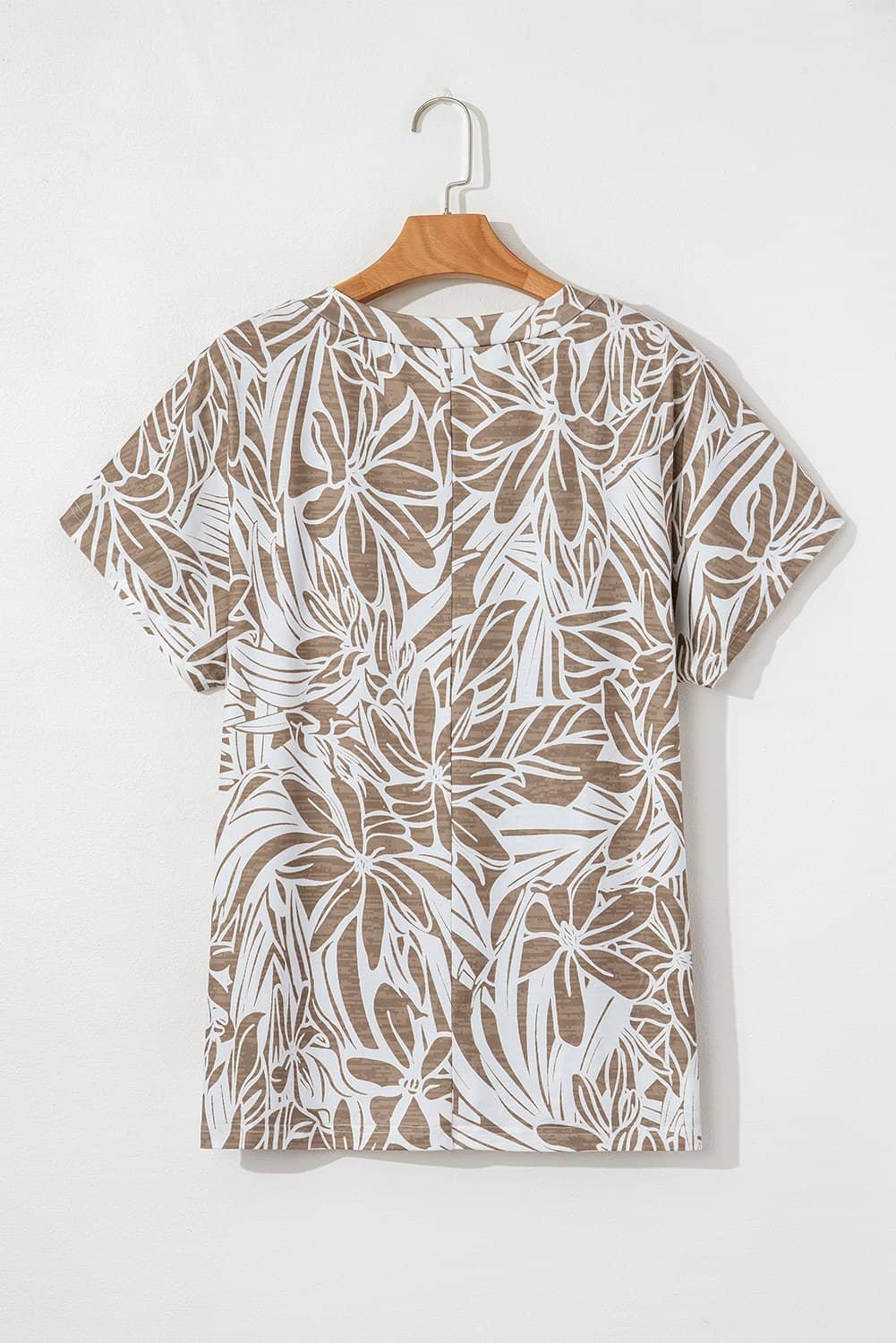 Khaki Floral Print V Neck Short Sleeve Loose Fit Blouse