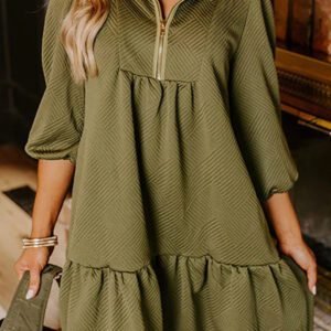 Jungle Green  Quarter Zip Collar Bracelet Sleeve Textured Mini Dress