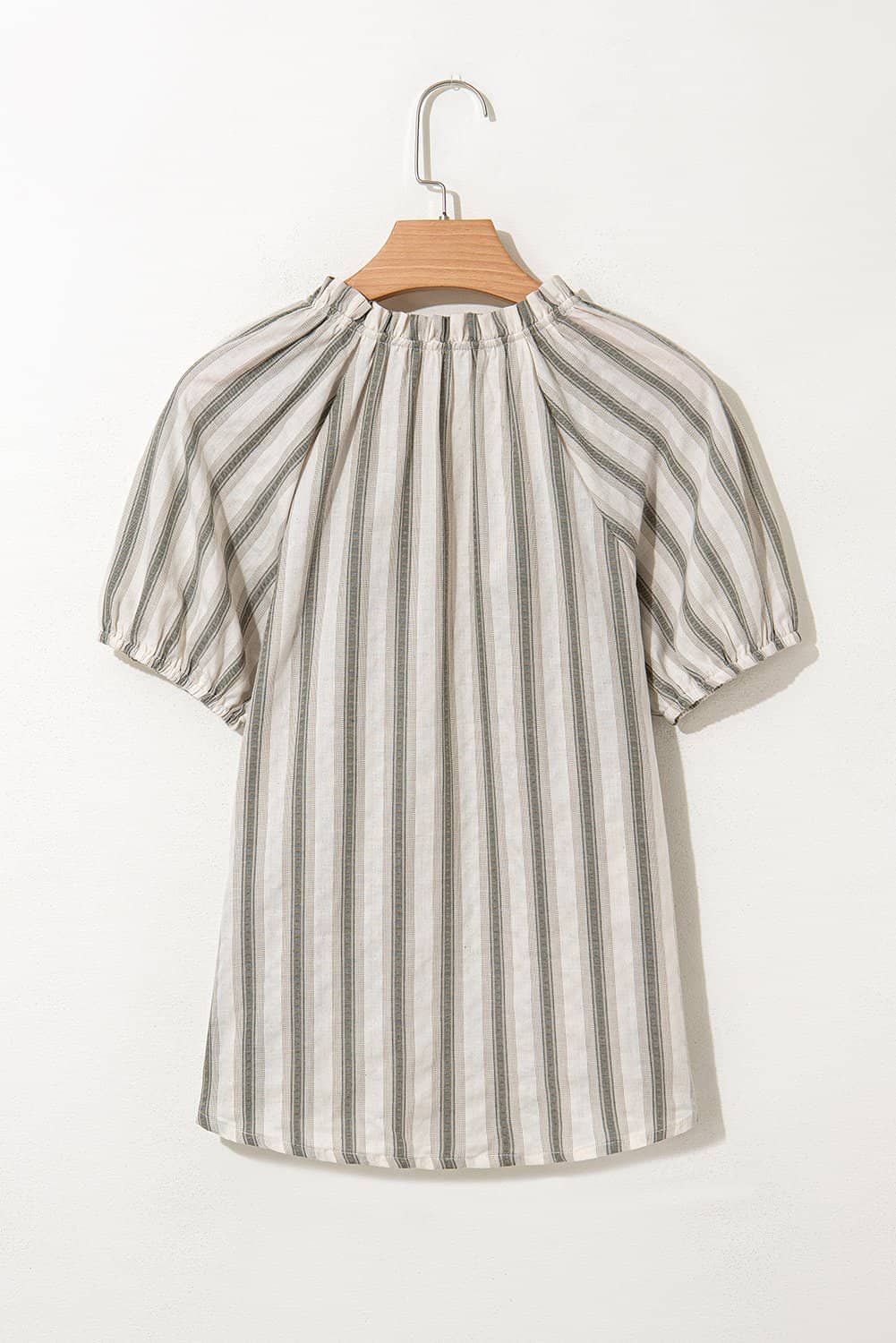 Gray Stripe Frilled Tie Neck Short Sleeve Blouse