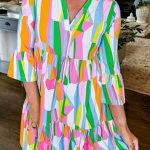 Green Abstract Print Ruffled Sleeve V Neck Dress