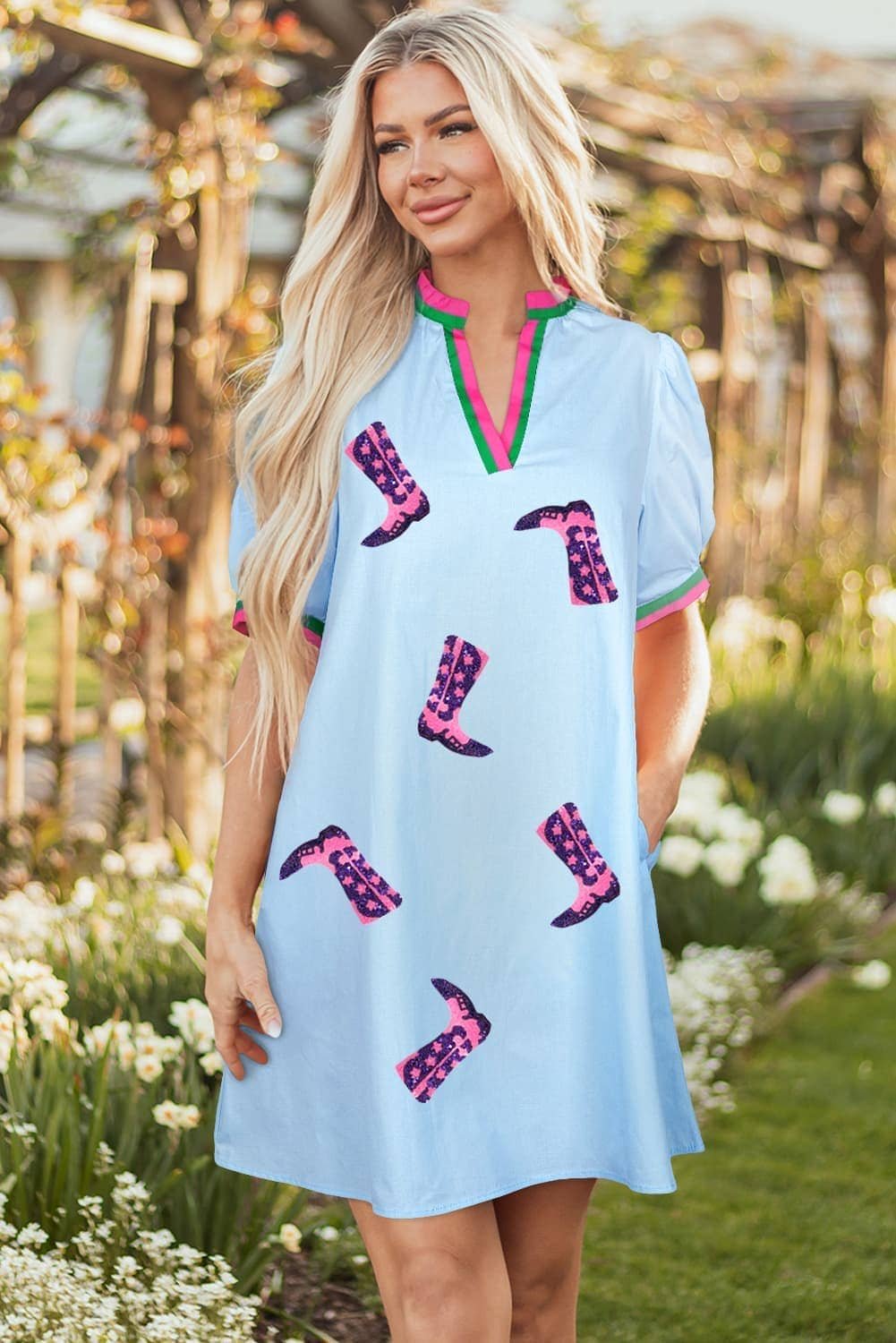 Myosotis Sequined Cowgirl Boots Pattern Contrast V Neckline Half Puff Sleeve Dress