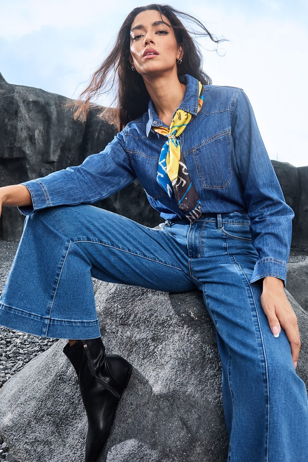 Dark Blue Plain Seam Detail Flared Bottom Ankle Length Jeans