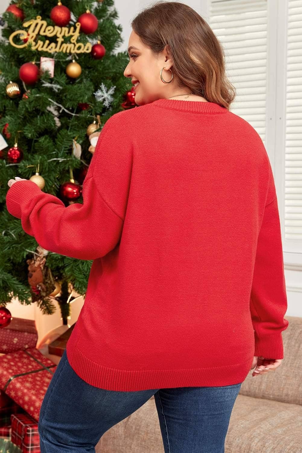 Fiery Red Tinsel Merry Pattern Drop Shoulder Plus Size Sweater