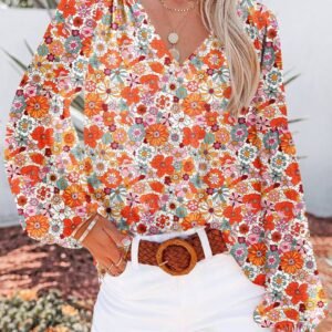 Orange Floral Print V Neck Long Puff Sleeve Top