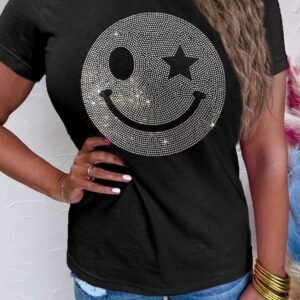 Black Sparkle Rhinestone Smile Face Graphic T Shirt