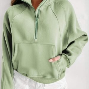 Smoke Green Fleece Lined Zip Up Stand Collar Thumbhole Sleeve Sweatshirt
