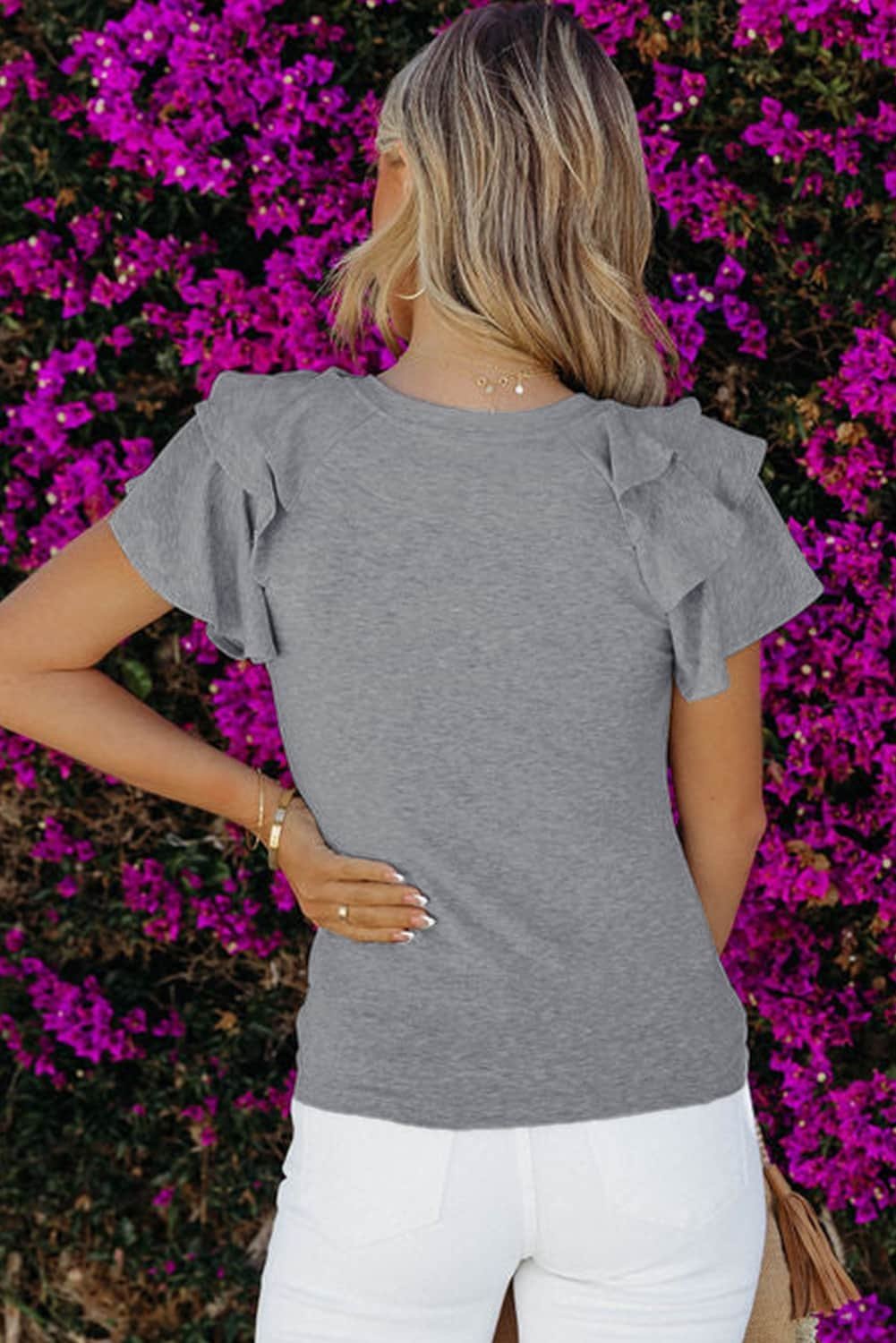 Gray Plain Tiered Ruffled Short Sleeve T Shirt