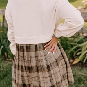 Beige Plaid Patchwork High Waist Sweatshirt Mini Dress