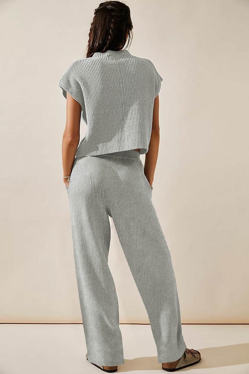 Gray Knitted V Neck Sweater And Casual Pants Set