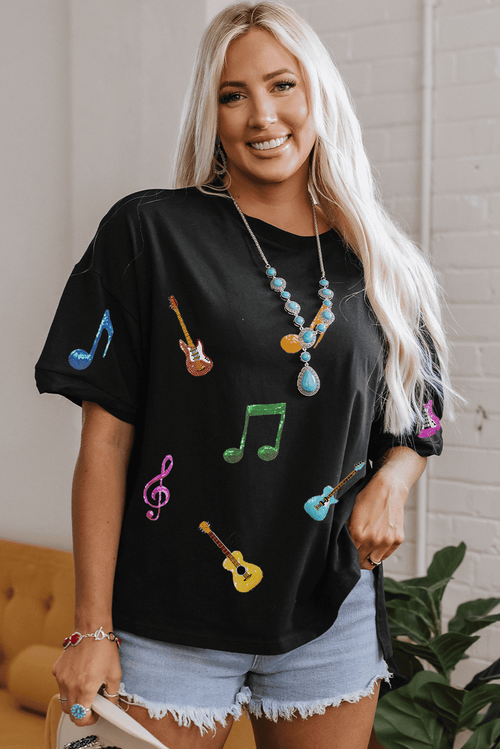 Black Guitar Music Notes Patched Graphic Oversize Tee