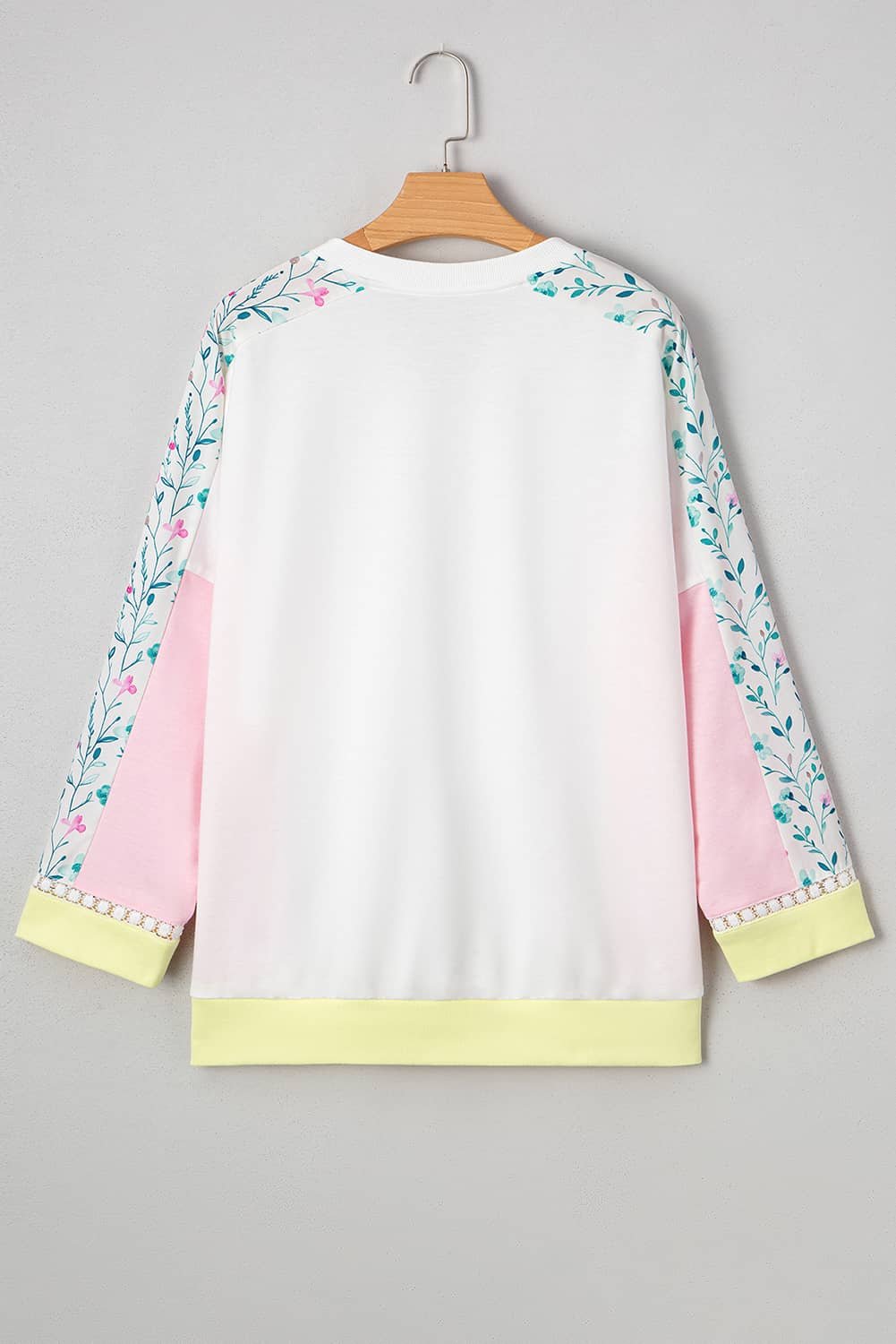 White Floral Colorblock Patchwork Chest Pocket Notched Neck Long Sleeve Top