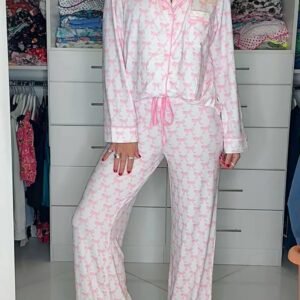 Pink Bow Print Long Sleeve Shirt And Pants Soft Pajama Set