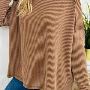 Dark Khaki Twist Ribbed Exposed Seam Detail Long Sleeve Loose Top