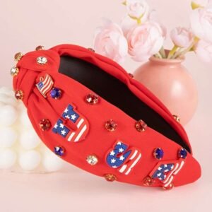 Fiery Red Usa Flag Gemstone Decor Knotted Wide Headband