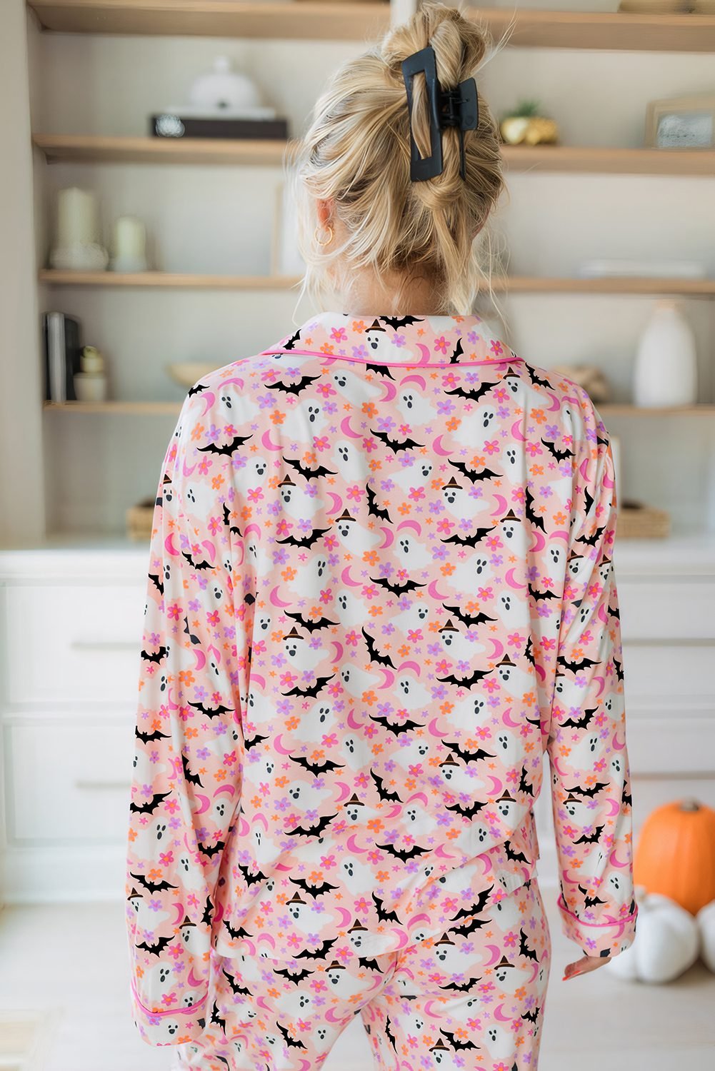 Pink Halloween Eve Haunted Honey Bat Print Pajama Set