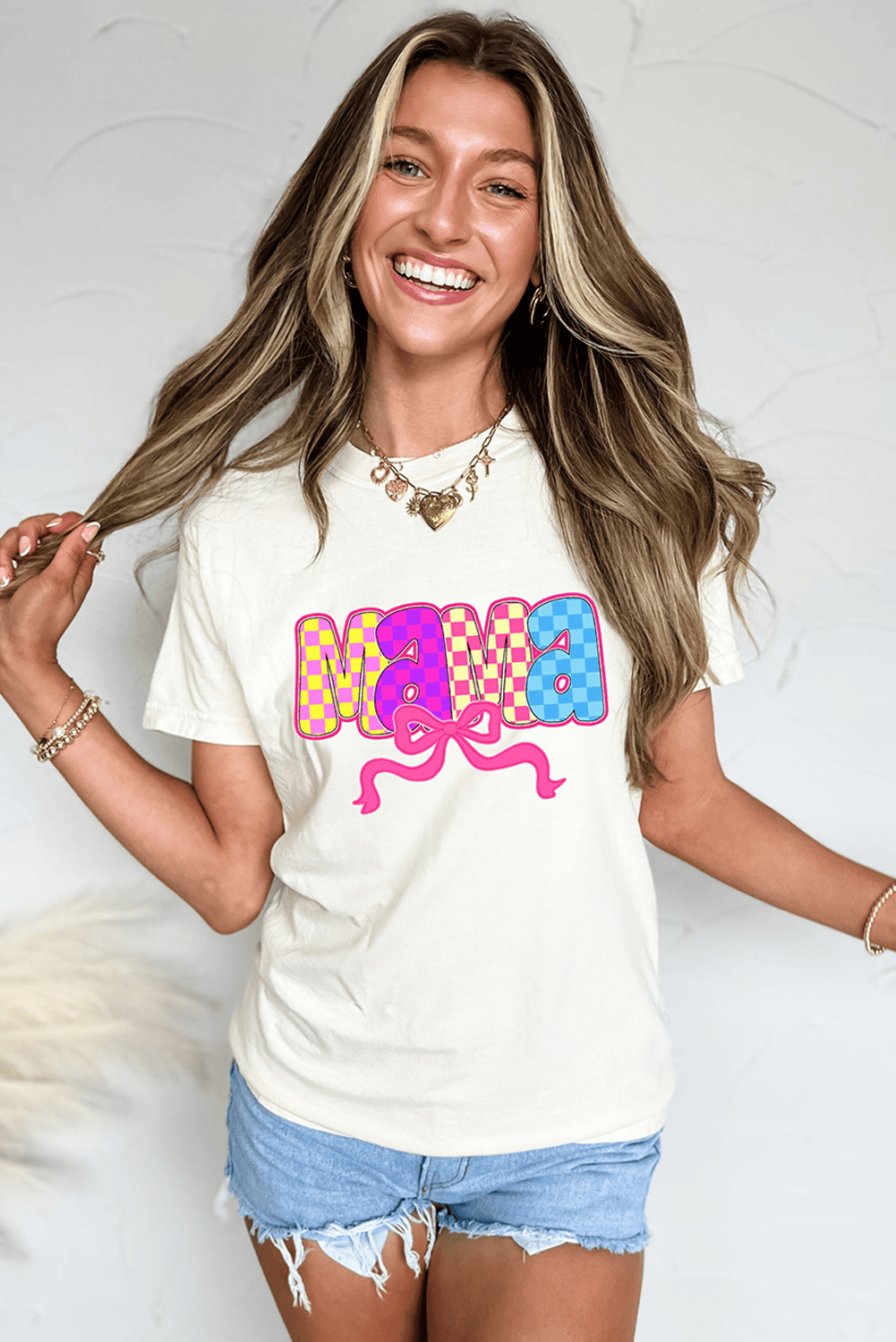 White Mama Checkered Bow Knot Print Crewneck T Shirt