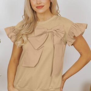 Parchment Two Tones Ribbon Bow Ruffle Sleeve Top