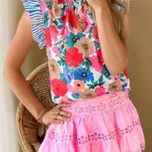 Sky Blue Floral Mock Neck Striped Flutter Sleeve Blouse