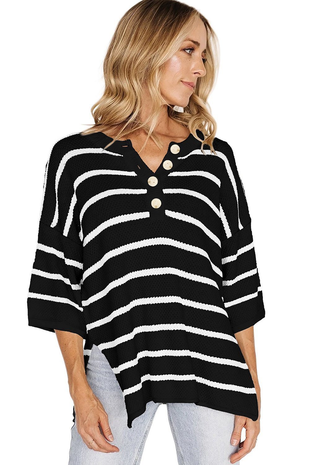 Black Stripe Henley Buttoned Placket Drop Shoulder Bracelet Sleeve Knit Sweater Tee