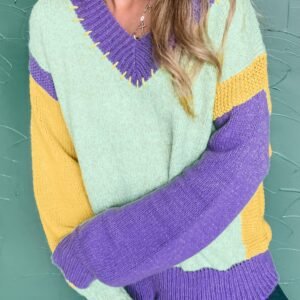Green Stitched V Neck Color Block Knitted Drop Shoulder Sweater