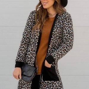 Black Leopard Patched Pocket Open Front Cardigan