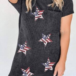 Gray Sequin Flag Stars Ribbed Shift T-Shirt Dress