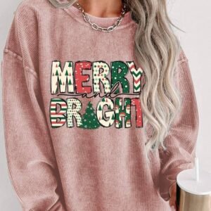 Pink Merry And Bright Christmas Tree Print Ribbed Sweatshirt