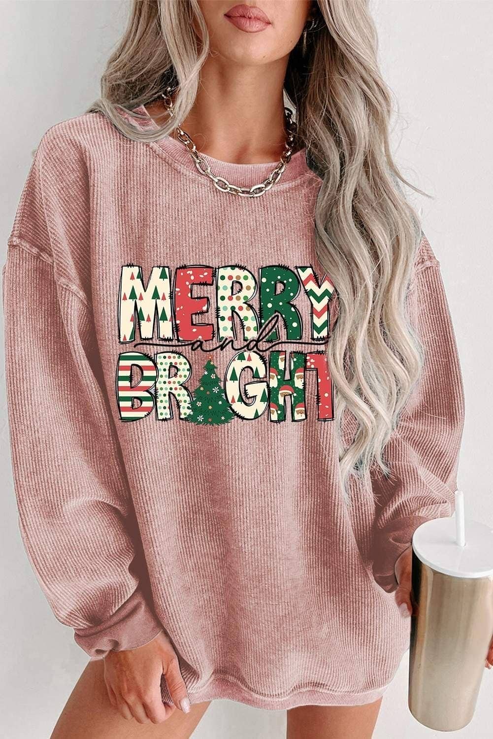 Pink Merry And Bright Christmas Tree Print Ribbed Sweatshirt