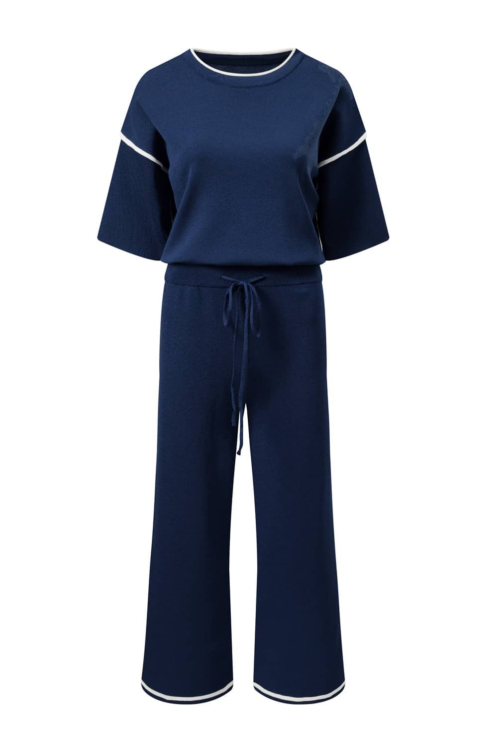 Navy Blue Contrast Trim Half Sleeve Top Drawstring Pants Loose 2Pcs Sweater Suit