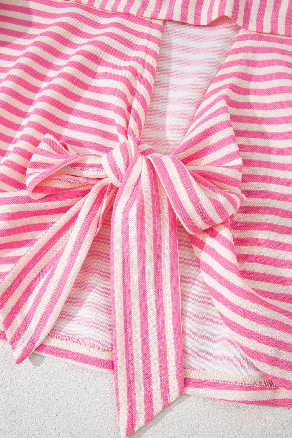 Pink Stripe Bowknot Cutout Back Drop Shoulder Wide Bracelet Sleeve Loose Tee