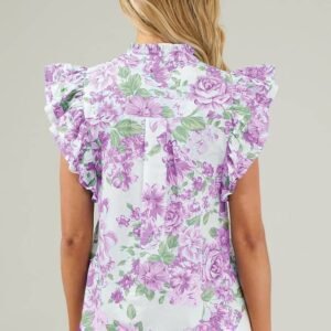 Purple Floral Print Ruffle Sleeve Frilly Button Up Shirt