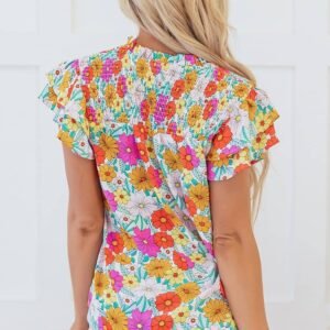 Yellow Floral Print Shirred Tiered Ruffled Sleeve Blouse