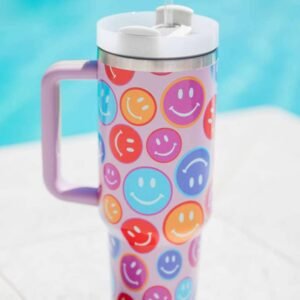 Fiery Red Rainbow Smiley Face Pattern Tumbler With Straw 40Oz
